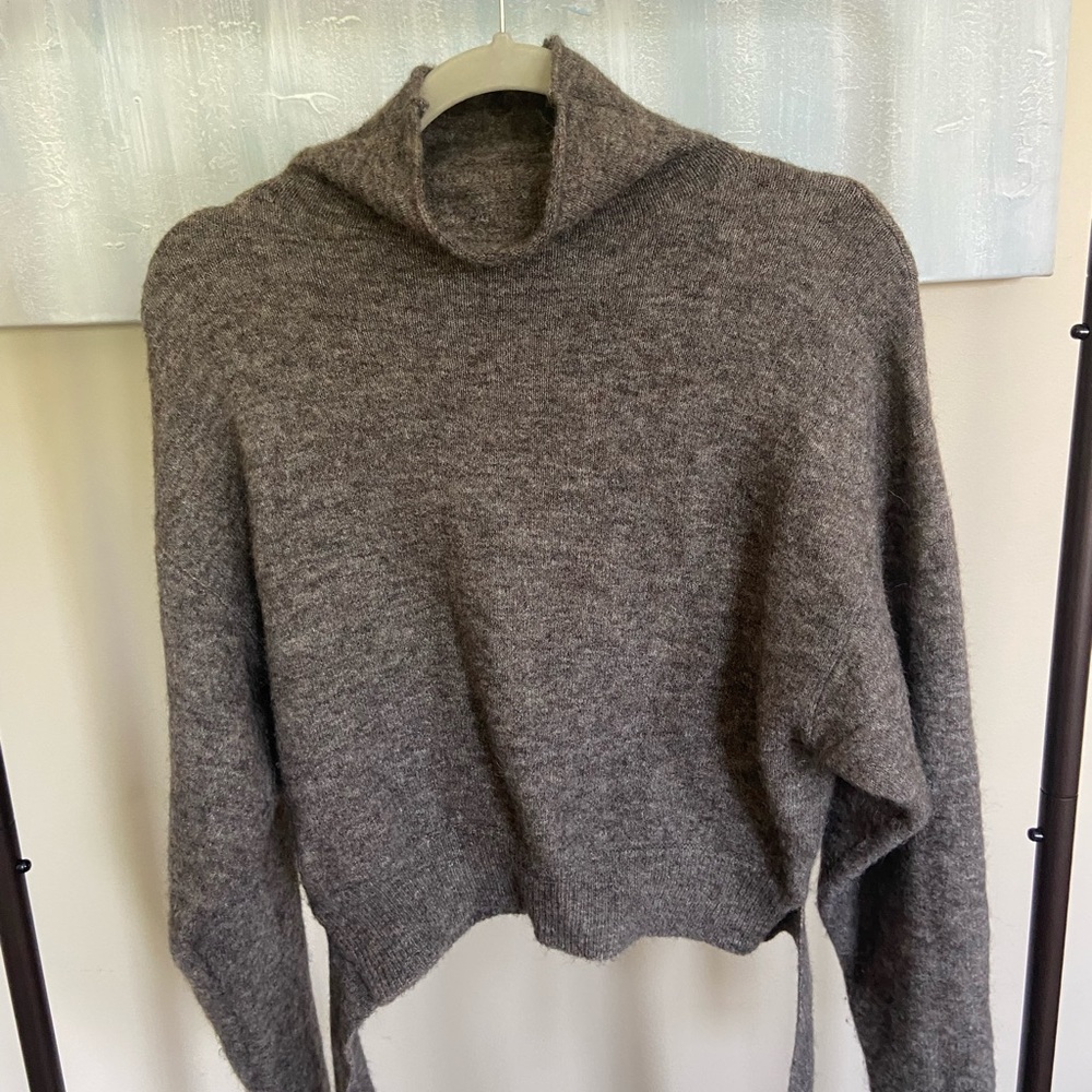 Aritzia Wool Blend Lorin Tie Front Mock Neck Sweater in Dark Brown, Medium